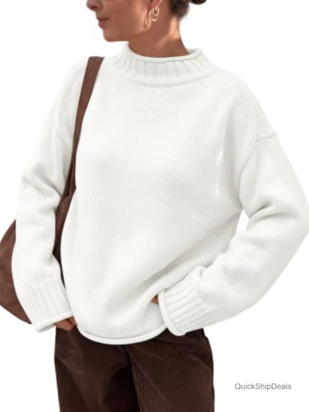 Oversized Cotton Blend Mock Neck Pullover Sweater